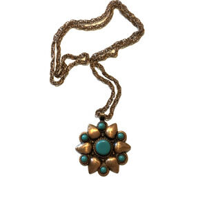 Vtg Solid Copper Southwestern Sunburst Pendant Necklace 28" Long Bold Blue Stone